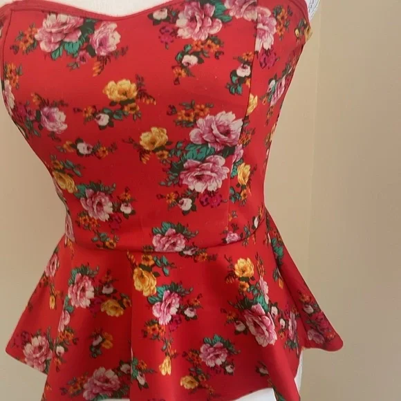 Love J Orange/Red Floral Strapless Peplum Top - Picture 2 of 5
